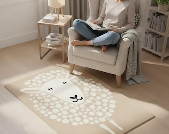 Sheep Kids Rug, Hand Tufted Nursery Area Rug, Minimalist Lamb Wool Carpet