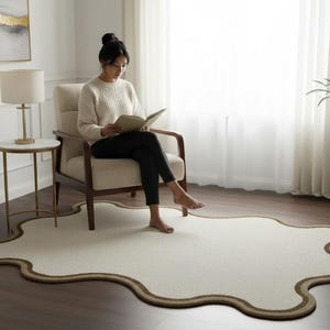 Scalloped Edge Hand-Tufted Wool Rug | Organic Shaped Neutral Area Rug image 5