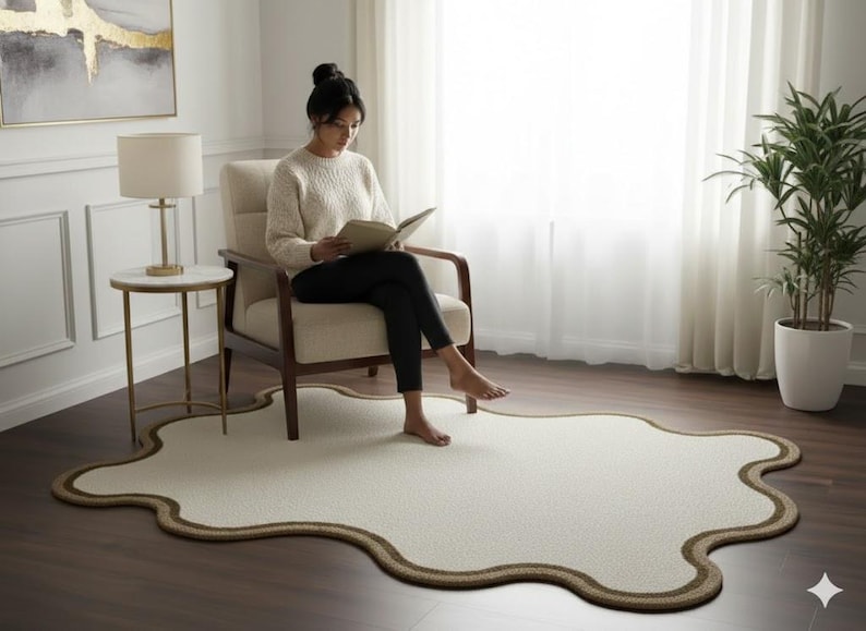 Scalloped Edge Hand-Tufted Wool Rug | Organic Shaped Neutral Area Rug image 5