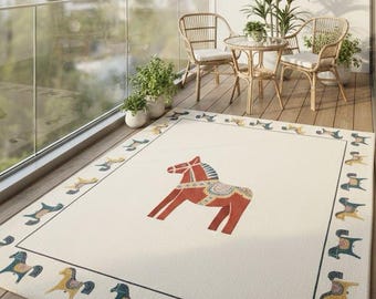 Hand Tufted Dala Horse Rug Scandinavian Wool Carpet Folk Art Bordered Floor Mat Swedish Decor Nursery Aesthetic Accent Piece Custom Size