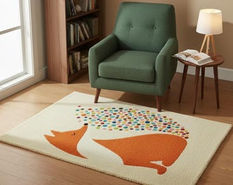 Fox Nursery Rug with Colourful Dots, Animal Kids Room Carpet
