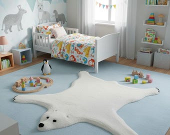 Polar Bear Shag Rug – Soft Fluffy Animal-Shaped Carpet for Kids’ Room & Play Area.