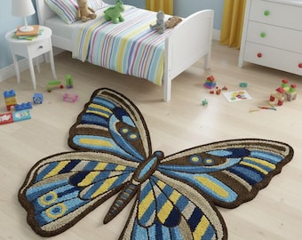 Hand Tufted Butterfly Rug, Colorful Kids Wool Area Rug, Butterfly Nursery Carpet, Girls Room Decor, Playroom Rug, Nature Inspired Rug