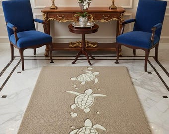 Handmade Sea Turtle Area Rug, Coastal Beach Themed Carpet