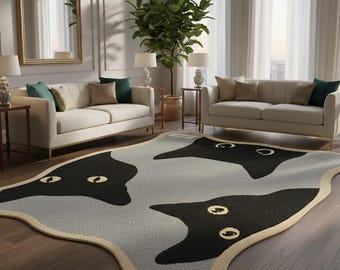 Black Cat Peeking Rug, Cat Decor for Bedroom & Living Room