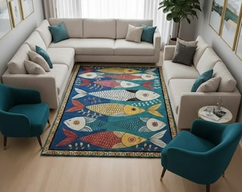 Colorful Fish Area Rug, Nautical Hand Tufted Carpet