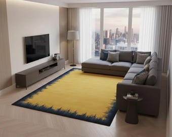 Mustard Yellow Area Rug, Navy Blue Living Room Rug, Contemporary Gold and Blue Statement Carpet, Bold Abstract Floor Rug Designer Home Decor