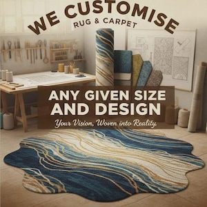 May include: A custom rug and carpet design studio. The image features a blue and gold patterned rug, rolled carpets, and the text "WE CUSTOMISE RUG & CARPET ANY GIVEN SIZE AND DESIGN Your Vision, Woven into Reality."