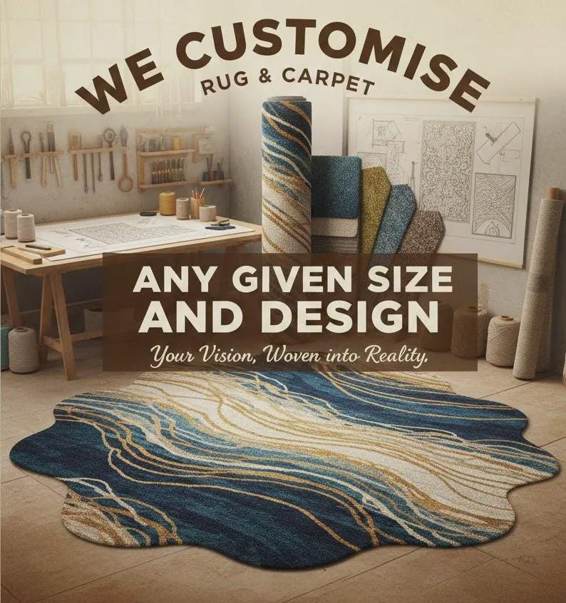 May include: A custom rug and carpet design studio. The image features a blue and gold patterned rug, rolled carpets, and the text "WE CUSTOMISE RUG & CARPET ANY GIVEN SIZE AND DESIGN Your Vision, Woven into Reality."