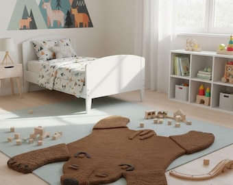 May include: A child's bedroom featuring a brown bear-shaped rug on a light blue carpet. The room includes a white bed with patterned bedding, a wall mural of mountains and animals, and a white bookshelf with toys.