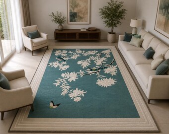 Türkisblauer Teppich mit Blumenmuster und Vogelmotiv, Vintage-Teppich mit botanischem Flair, Dekoration im Vintage-Stil