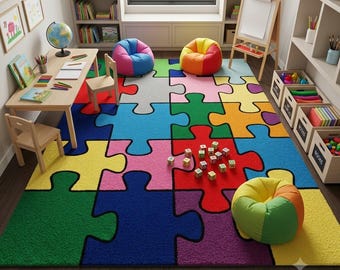 Colorful Nursery Rug - Puzzle, Autism Awareness Floor Mat, Educational Playroom Decor