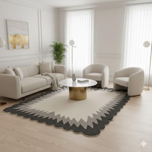 Hand Tufted Scalloped Border Wool Rug Black Grey Cream Wavy Edge Area Carpet Jagged Frame Modern Aesthetic Floor Mat Custom Size Decor