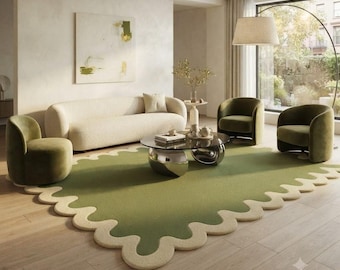 Scalloped Edge Sage Green Area Rug, Modern Wavy Border Carpet