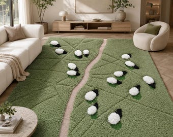 Hand Tufted Sheep Green Landscape Rug with Sheep Motif