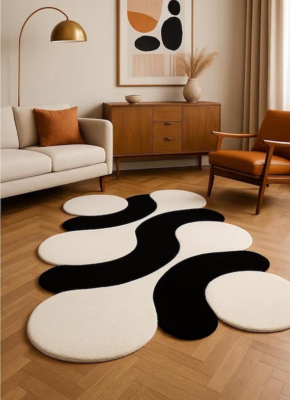 Irregular Abstract Black and Ivory Rug