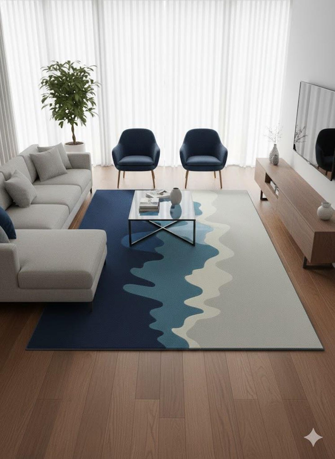 Hand Tufted Wool Area Rug, Navy Blue Cream Wavy Design Carpet - Etsy