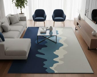 Abstract Wave Area Rug, Navy Blue Coastal Carpet, Modern Home Décor