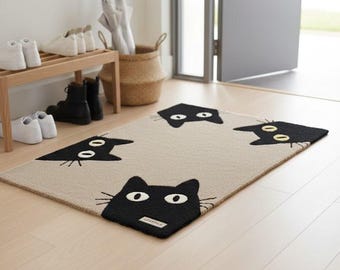 Black Cat Peeking Area Rug - Minimalist Kawaii Home Decor