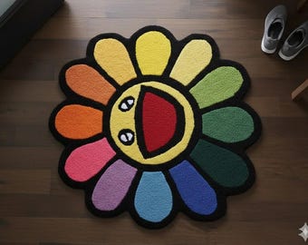 Colorful Smiley Rug, Boho Floral Area Rug, Rainbow Flower Carpet, Kids Room Decor