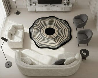 Wavy Round Rug, Black Grey Abstract Area Rug, Irregular Scalloped Carpet