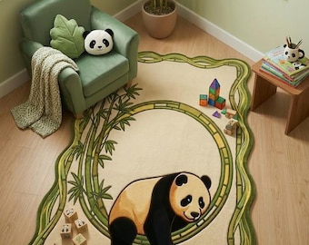 Panda Bamboo Rug, Kids Room Animal Rug, Nature Inspired Nursery Carpet