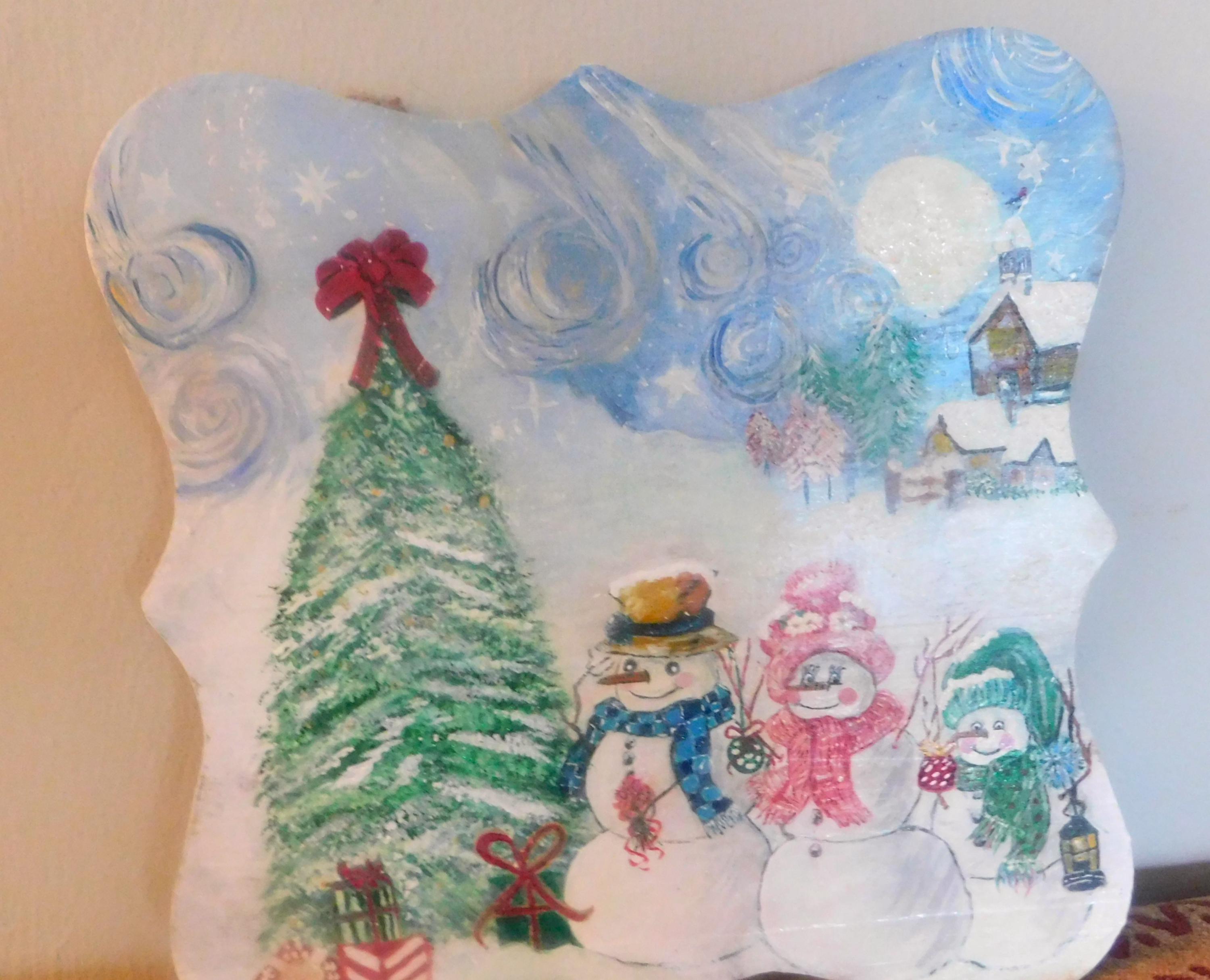 Abstract Snowman Family Wood Plaque, Holiday Wall Art (13.5x13.5 Inches ...