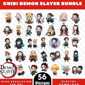 56 Chibi Demon Slayer PNG Bundle, Anime Clipart Tanjiro Nezuko Zenitsu Inosuke, Cute KNY Characters for Stickers, Crafts & Sublimation