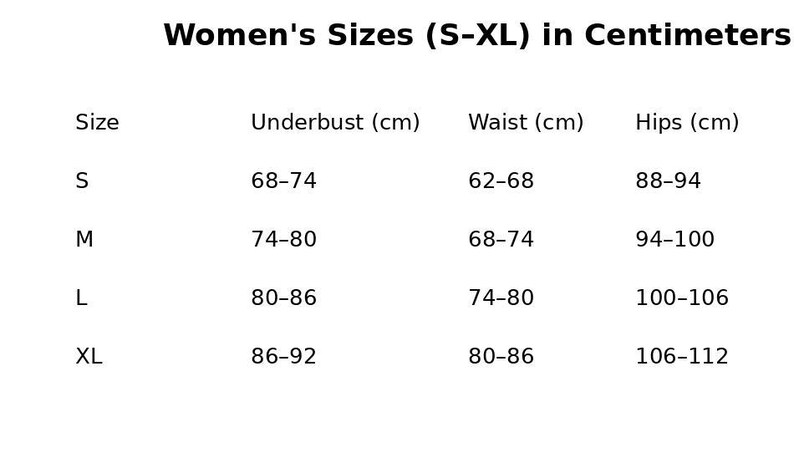 May include: A white chart with black text detailing women's sizes (S-XL) in centimetres. The chart lists underbust, waist, and hip measurements for each size, ranging from 68-74 cm underbust for size S to 106-112 cm hips for size XL.