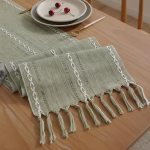 Camino de mesa de lino y algodón tejido con borlas, decoración rústica bohemia para comedor, centro de mesa moderno de granja, mantel neutro, camino de mesa para bodas bohemias.