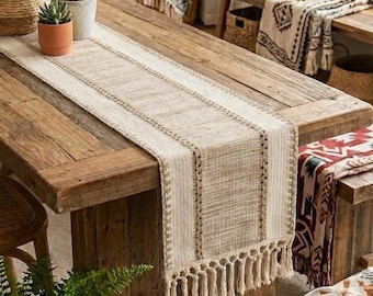 Nordic Boho Striped Hand-Woven Table Runner with Tassels – Rustic Dining Decor