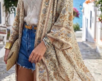 Cárdigan estilo kimono de algodón con estampado floral bohemio: pareo playero, caftán de verano