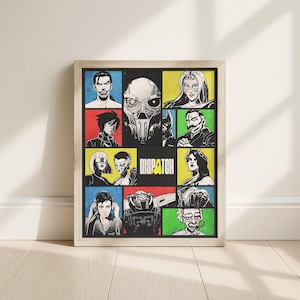 May include: Framed artwork featuring a grid of illustrated characters in a comic book style. The artwork has a neutral-toned wooden frame. The word "DISPATCH" is in the center. Each character is set against a colored background.