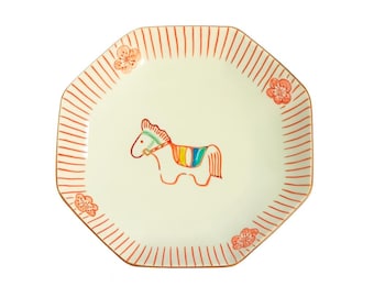 Hand-Painted Kutani Ware Horse Motif Octagonal Plate 13cm – Japanese Traditional Craft, Appetizer Dish, Dessert Plate, Interior Display