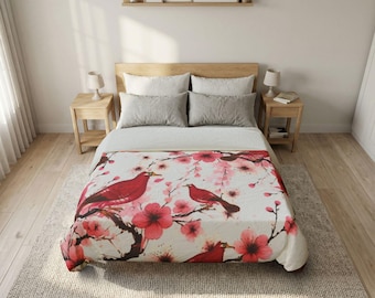 Red Cardinal Cherry Blossom Duvet Cover | Floral Bird Bedding Set | Nature Inspired Comforter Cover | Cottagecore Bedroom Decor