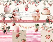 Watercolor Strawberry Clipart, Floral Dessert PNG, Planner Stickers (Commercial Use PNG)