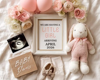 Pregnancy Announcement Template, Baby Announcement Template, Bunny Girl Baby Reveal, Editable Canva Template, Digital Download