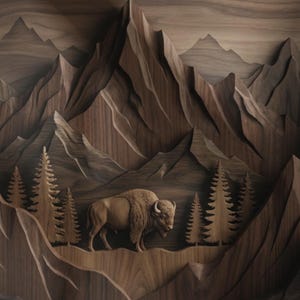 May include: A framed wooden relief sculpture depicting a bison in a mountain landscape. The artwork features detailed carving of mountains, trees, and the bison, all in shades of brown. The frame is a light wood color.