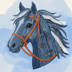 Könnte beinhalten: Illustration eines Pferdekopfes aus Jeansstoff mit einem braunen Lederzaum und weißen Spitzenakzenten. Das Pferd ist vor einem hellblauen Aquarellhintergrund platziert. Der Text unten lautet "HIGH QUALITY DESIGN" und Download-Details.