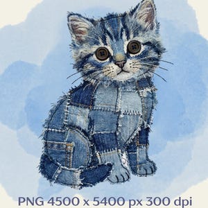 Sitting Kitten Faux Applique PNG, Denim Patchwork Cat Clipart, Realistic Cat Sublimation Design, Digital Download, DTF Print, No Sew Pattern