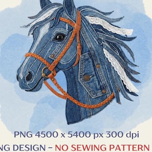 Può includere: Un design di testa di cavallo in denim con una briglia in pelle marrone e dettagli in pizzo bianco. L'immagine include il testo "DIGITALER DOWNLOAD" e "PNG DESIGN - NO SEWING PATTERN". La testa del cavallo è su uno sfondo acquerello azzurro.