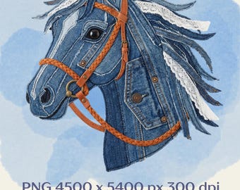 Horse head fake applique clipart in denim patchwork style, premium PNG, for sublimation & DTF printing, no pattern