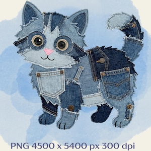 Cute Kitten Faux Applique PNG, Kawaii Cat Denim Clipart, Cat Sublimation Design, Digital Download, DTF Print, No Sewing Pattern