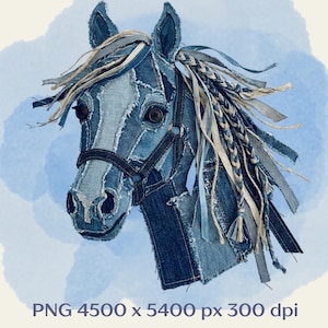 Rustic Horse Head Faux Applique PNG, Denim Patchwork Clipart, Boho Horse Sublimation, Fringe Mane Design, Digital Download, DTF Print