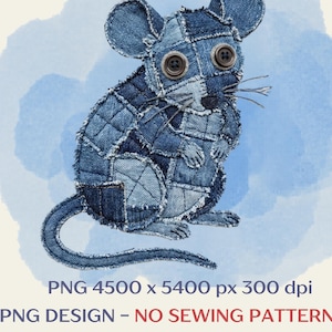 Aplikacja w formie imitacji myszy z denimu w stylu patchworkowym, w formacie PNG premium, do sublimacji i druku DTF, bez wykroju do szycia