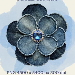 Denim Flower Faux Applique PNG, Crystal Rhinestone Flower Clipart, Boho Floral Sublimation Design, Digital Download, DTF Print, No Pattern