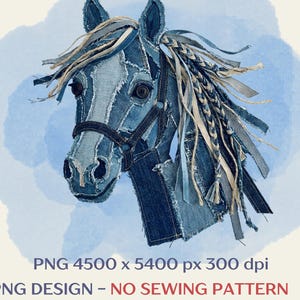 Denim horse head fake applique clipart in patchwork style, premium PNG, for sublimation & DTF printing, no pattern