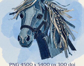 Denim horse head fake applique clipart in patchwork style, premium PNG, for sublimation & DTF printing, no pattern