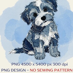 デニムのかわいい犬のフェイクアップリケのクリップアート、パッチワークスタイル、プレミアムPNG、昇華プリントとDTFプリント用、パターンなし
