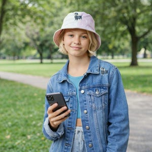 May include: A light pink bucket hat and denim jacket with a dachshund dog design. The hat and jacket are worn by a person holding a smartphone. The background is a park with green grass and trees.
